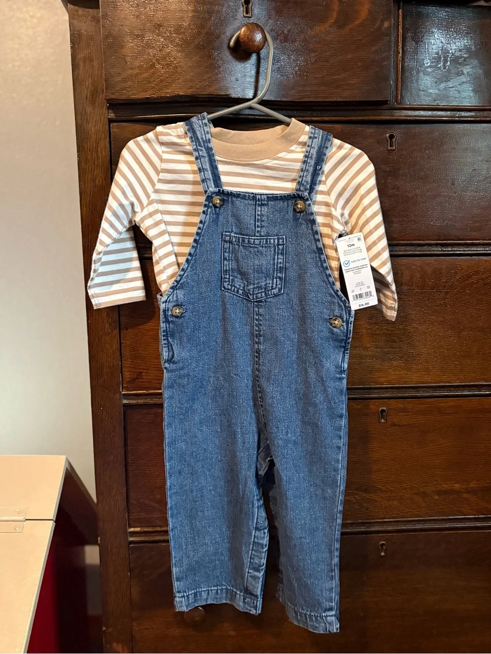 Carter's Tan & White Striped Tee with Blue Denim Overalls